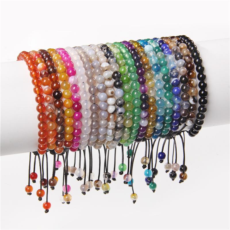 Natural Stone 6mm Beads Bracelet Adjustable Rope String Braided Bracelets For Women Men Amethysts Red Agates Lava Beaded Bangles