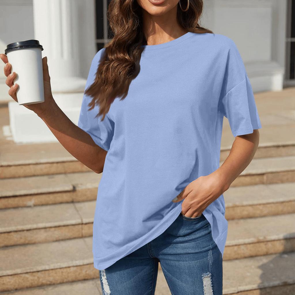 A Solid-color Loose Short-sleeved, Round-neck Plate-sized Top For Women In Spring And Summer