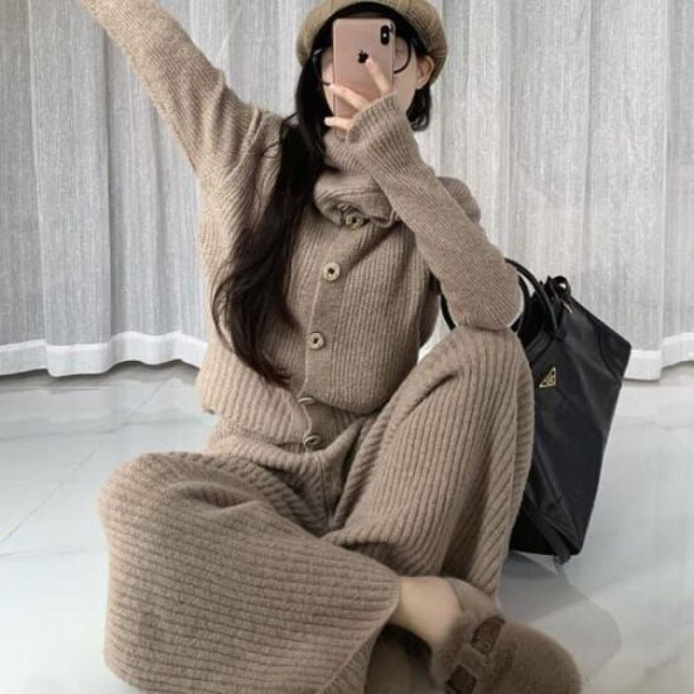 Rellawear Women Cardigan Knit Pants Two Piece Set 4color Mq241215
