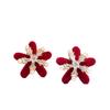 Red Zircon Pearl Snowflake Earrings - Winter Retro Light Luxury Studs