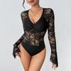 2025 Sexy Lace Trim V-neck Black Bodysuit