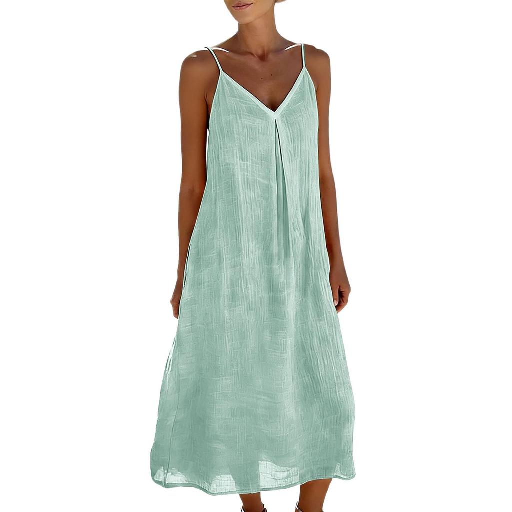 Women's Summer Fashion Strap Skirt Loose Fold V-neck Bohemian Vacation Beach Cotton Hemp Dress