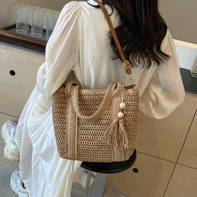 Grande Capacidade Grass Woven Handbags Mulheres Verão Praia Férias Único Ombro Crossbody Bag Chic Pêssego Madeira Borla Totes