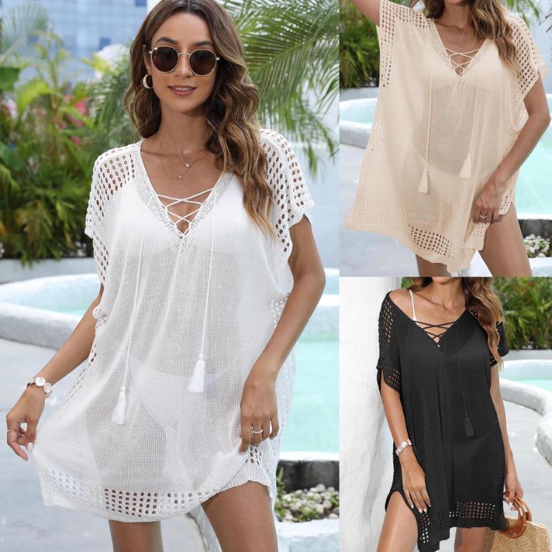 Plus Size Women's Summer Deep V Lace Up Woven Holiday Beach Bikini Smock Dress