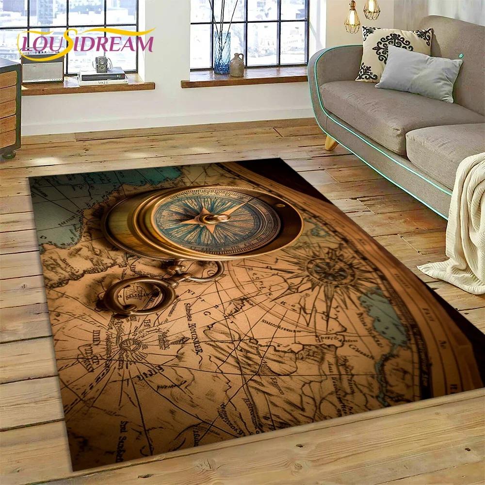 3D Oude Zeekaart Wereldkaart Kompas Tapijt Tapijt voor Slaapkamer Woonkamer Bank Decoratie, Kinderspel Grote Decoratieve Vloermat