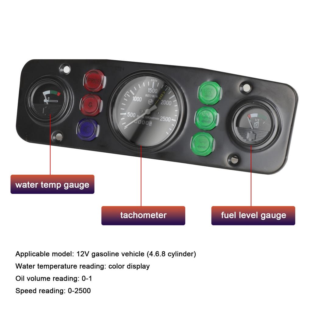 Tractors Universal/Long Water Temp Gauge Fuel Level Meter Tachometer 3 In 1 Kit Instrument Panel Complete For 12V Vehicle Meter