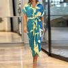 Women's Fashionable Short Sleeved Loose Comfortable Fit Casual V-neck Printed Sexy Split Dress Elegant Ladies Long Dress