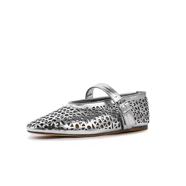 Sheepskin Version~ Flat Single Shoes Women's Round Head Hollowed Out One Word with Flat Mary Jane Shoes Shallow Mouth One Word Buckle Ballet