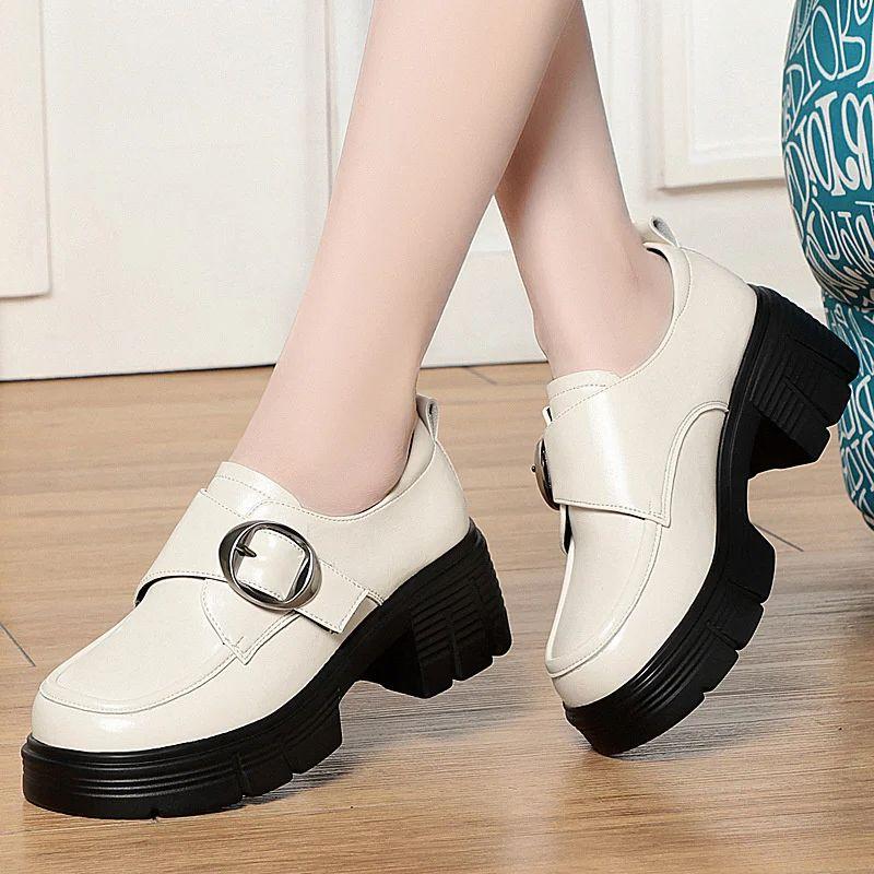 Fashion Retro Brown British Style Thick-Soled Leather Shoes For Women In Spring And Autumn Style With Skirt Versatile Deep Mouth Shoes