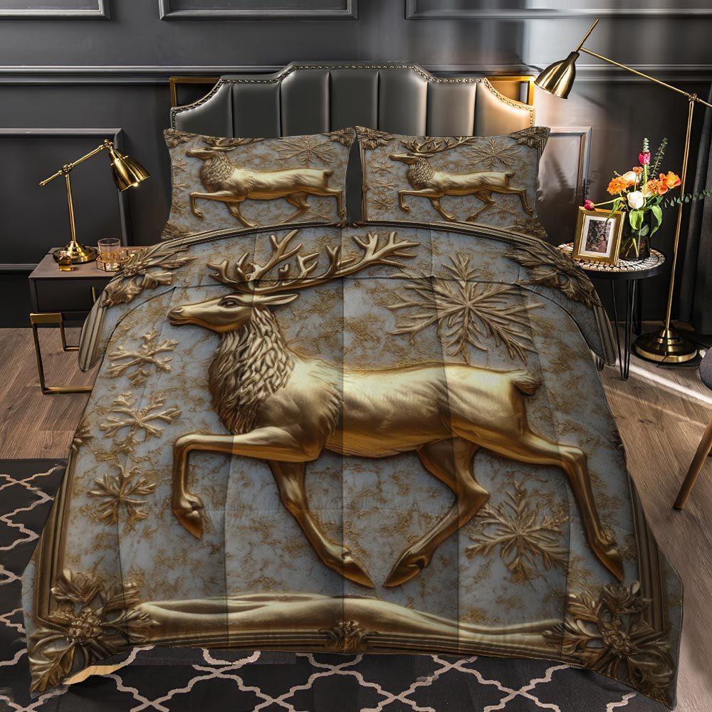 Latacaca 3 Pcs Christmas Theme Quilt Set Golden Reindeer thick blanket Set Festive and Warm Comforter Bedding Set 1 Quilt Cover
