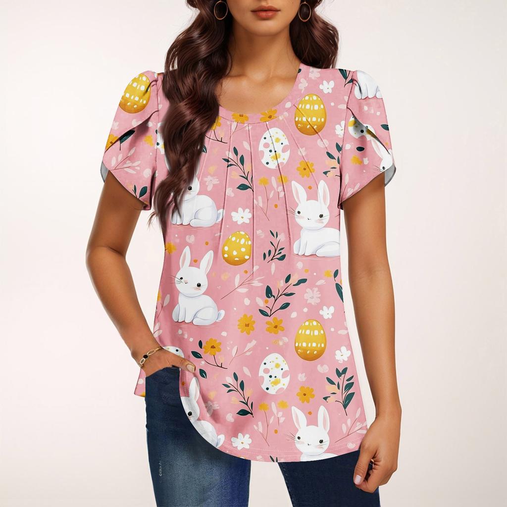 Women's Fashionable Round Neck Short Sleeve Printed Casual Basic Pleated Pullover T-shirt Top