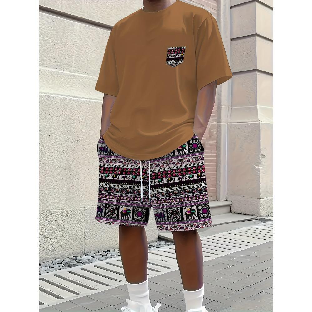 Ensemble Court à Manches Courtes pour Homme - Nouvelle Collection Été - Impression Ethnique Simple Style 3D - Mode Décontractée - Style Urbain - Confortable et Doux