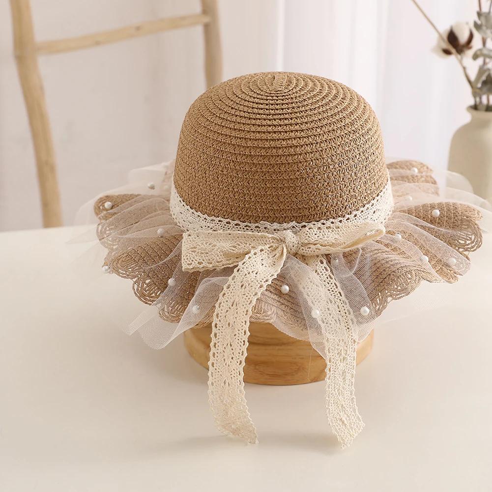 Elegant Summer Kids Straw Hat with Lace Wide Brim Cute Breathable Sun Hat Shoulder Bag for Girls Beach Outdoor Sunscreen