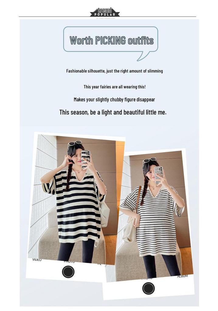 Korean Style Maternity Striped Casual Top - Plus Size, Loose, Slimming, Stylish & Age-Reducing
