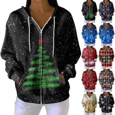 Damen Freizeitmode Langärmiger Strick-Hoodie mit Reißverschluss und Weihnachtsdruck