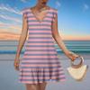 Women's Fashion Casual V Neck Wavy Edge Striped Plaid Print Short Sleeve Dress