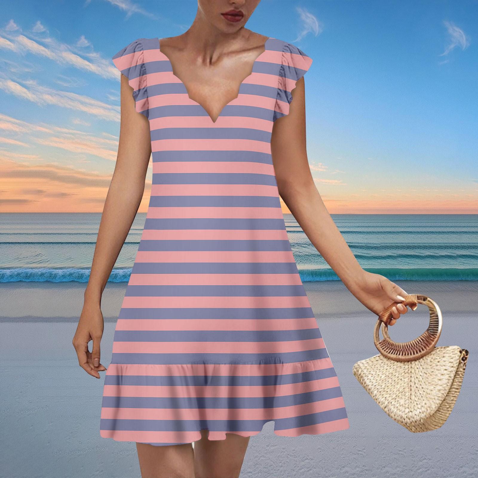 

Женское модное повседневное платье с V-образным вырезом, волнистым краем, полосатым принтом и принтом в клетку, с короткими рукавами S розовый