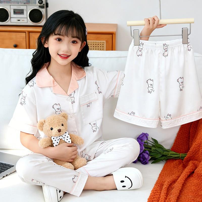 Girls Pajama Set Ice Silk Short Sleeve Sleepwear Cartoon Print Lightweight Home Wear Ages 8