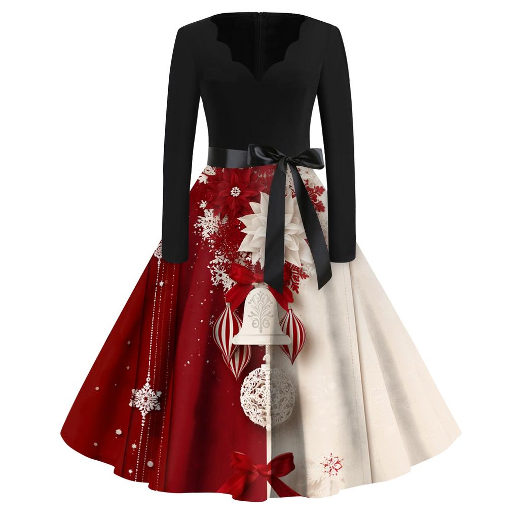 Women's Casual Christmas Print V-Neck Vintage Dress for Holiday Parties and Everyday Wear