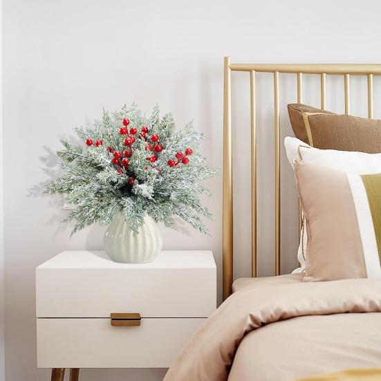 55/60Pcs Artificial Pine Branch Christmas Holly Berries Branch Faux Greenery Pine Needle Pick Fake Red Berry Stems Xmas Holiday Party Decoration