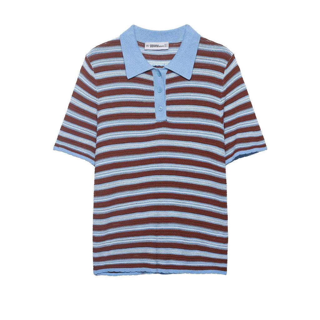 Europäischer und amerikanischer Stil, neue Damenmode, modisches vielseitiges gestreiftes Strick-Poloshirt 9874006