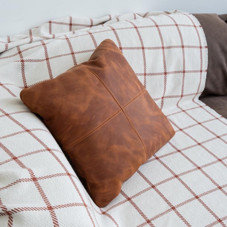(Pack of 2) Leather Cushion Cover, Handmade Cushion Cover, Handmade Pillow Cover, Leather Pillow Cover, Brown Leather Pillow, Cognac Pillow Cover