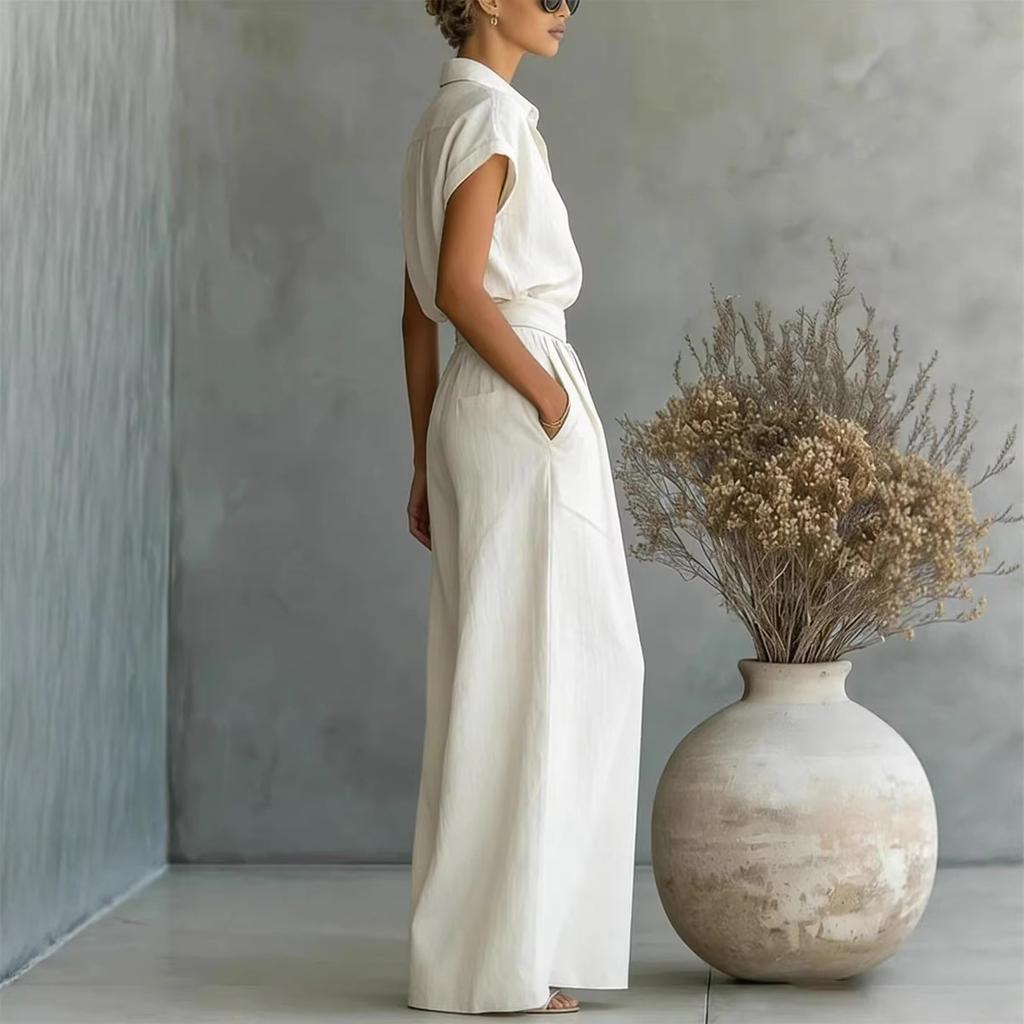 Women White Short Sleeve Shirt Maxi Dress Casual Lapel Button Down Loose Fit