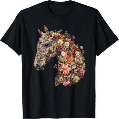Floral Horse T-Shirt - Unisex-Adult, Classic Fit, Black, Small, Short Sleeve, Cotton Blend, Floral Pattern