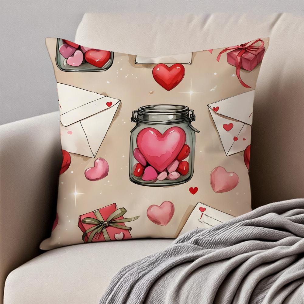 Handdrawn Style Heart Pattern Cushion Cover Pillowcase Antidustmite Invisible Zipper Short Plush Sofa Cushion