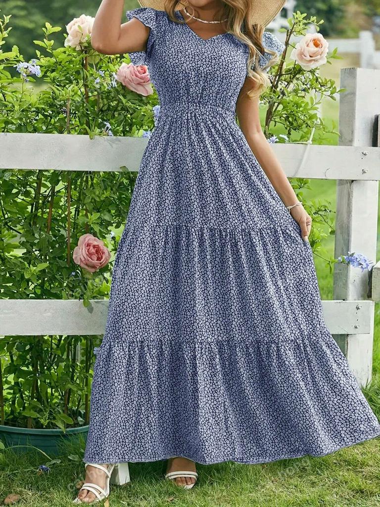 Purple Floral Print Sleeveless Tiered Maxi Dress