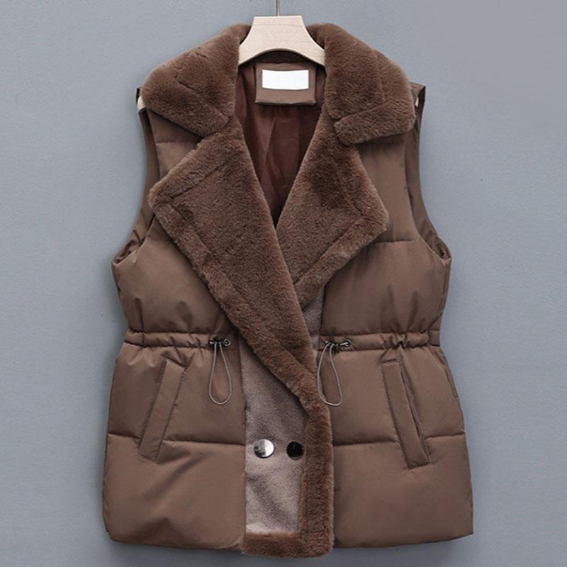 Winter Cotton Fur Integrated Down Vest Womens Puffer Vest Stand Collar Button Down Padded Jacket with Drawstring Waistcoat