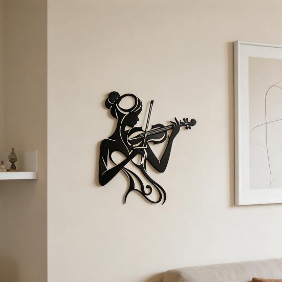 Musik Wandkunst Schwarz 2D Flache Frau spielt Violine Silhouette Metallskulptur Feminine Wanddekoration für Musikzimmer Studio Einweihungsgeschenk