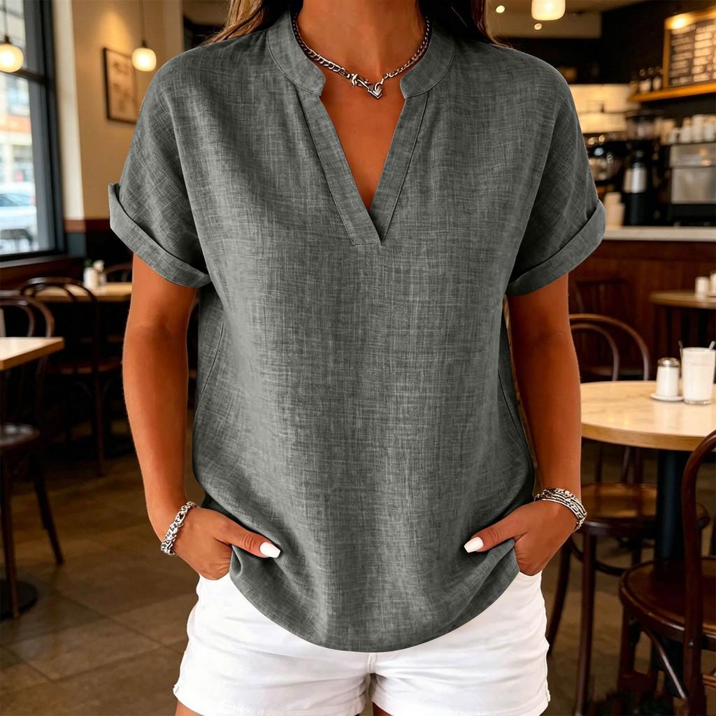 Women's Casual Linen Blend V-Neck Blouse, Short Sleeve Rolled Cuff Loose Fit Tunic Top, Summer Stand Collar Shirt