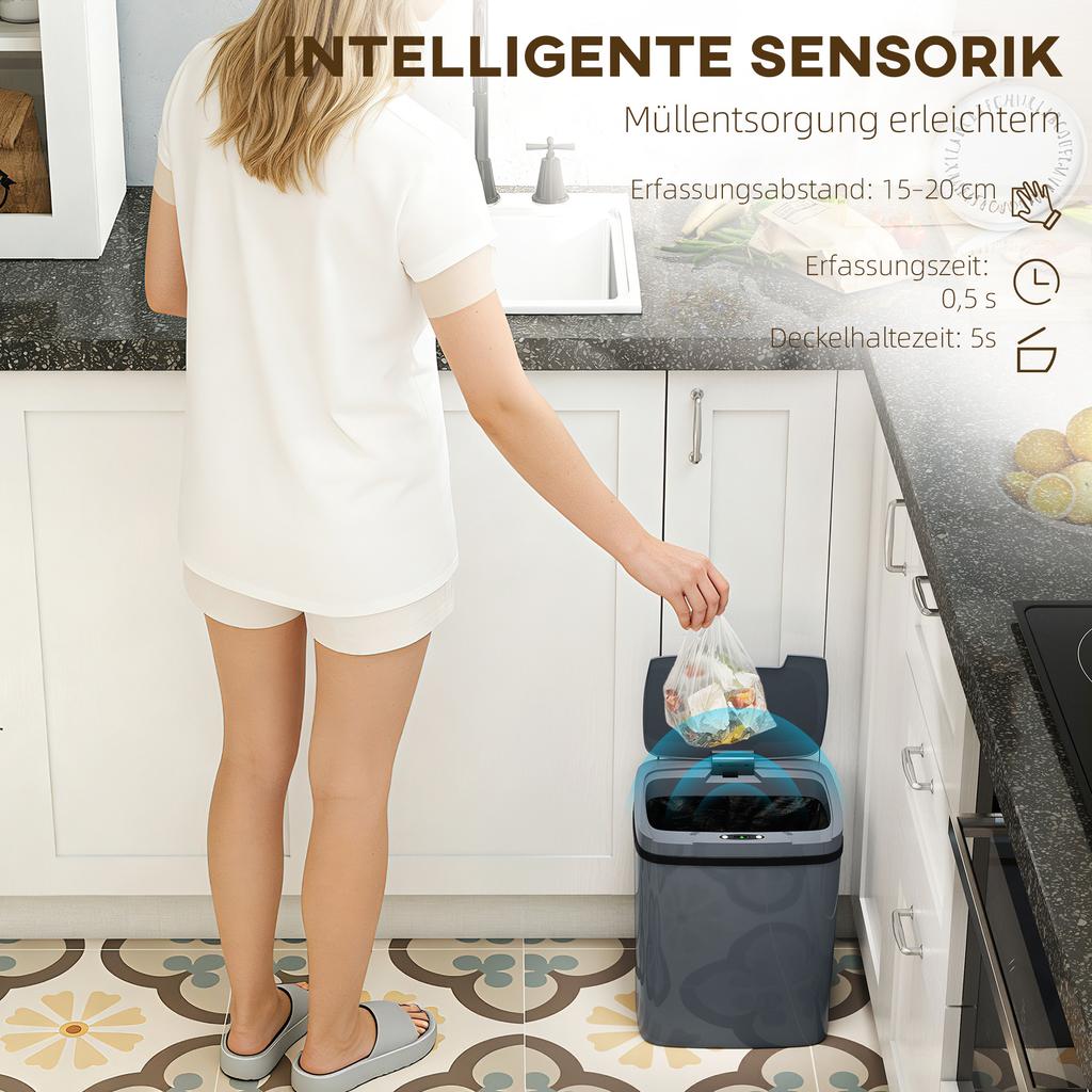 15L Sensor Bin, Automatic Touchless Kitchen Bin, Easy Clean, Battery Operated for Home Office, Bedroom, Bathroom, Grey