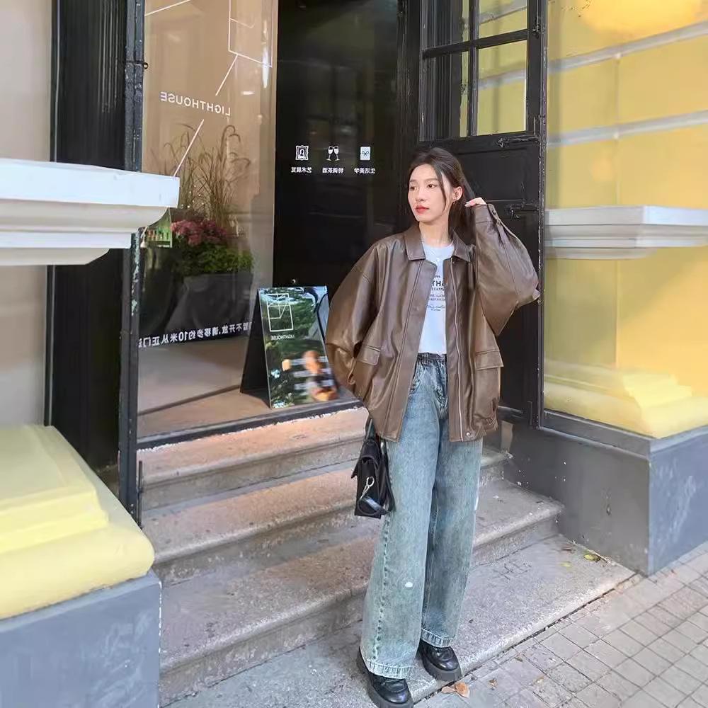 Women's Retro Brown Leather Biker Jacket - Short, Petite, Korean Style, Autumn/Winter 2025 Collection