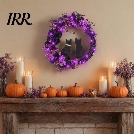 Black Cat Wreath with Lights Halloween Floral Garland, String Lights, Silhouette Garland Wreath, for Front Door Indoor Outdoor Wall Decor