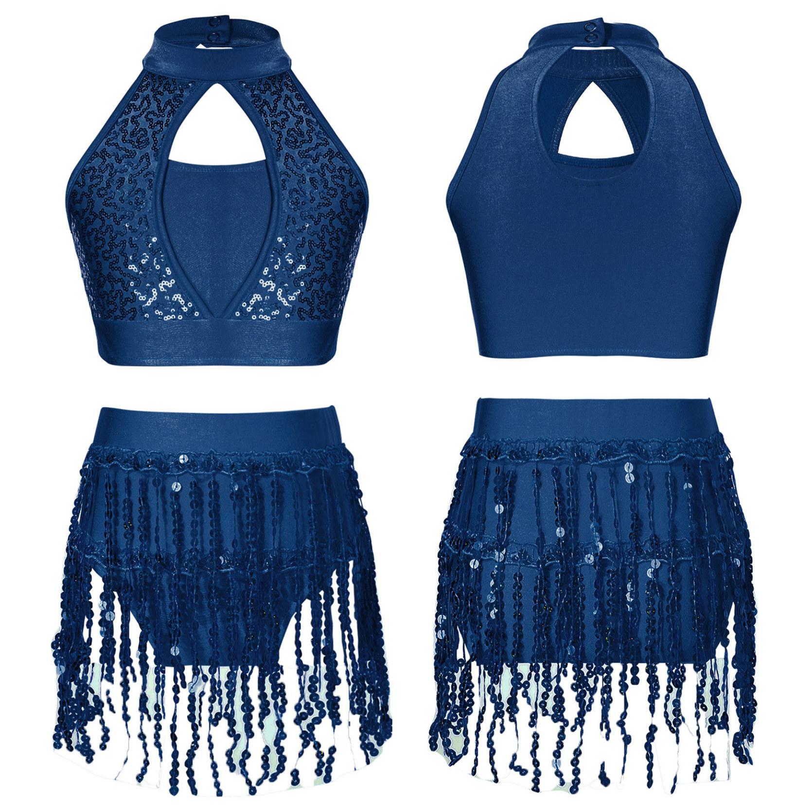 

Детский укороченный топ с пайетками для девочек и юбка, комплект одежды для джазовых латинских танцев, костюм из 2 предметов, танцевальная одежда 7-8 Years темно-синий