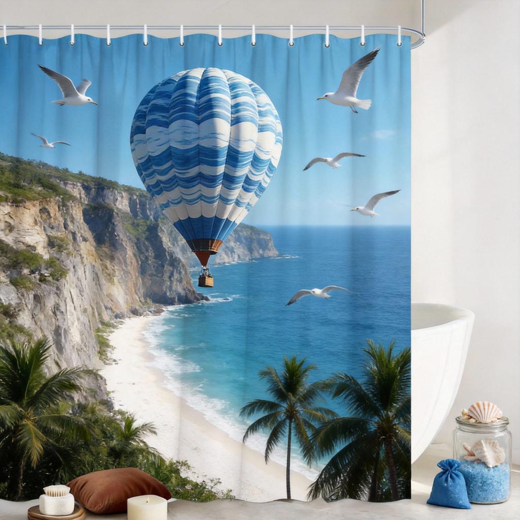 Hot Air Balloon Shower Curtain Mountain Lake Landscape Print Polyester Bath Curtain With Hooks For Nature Adventure Decor