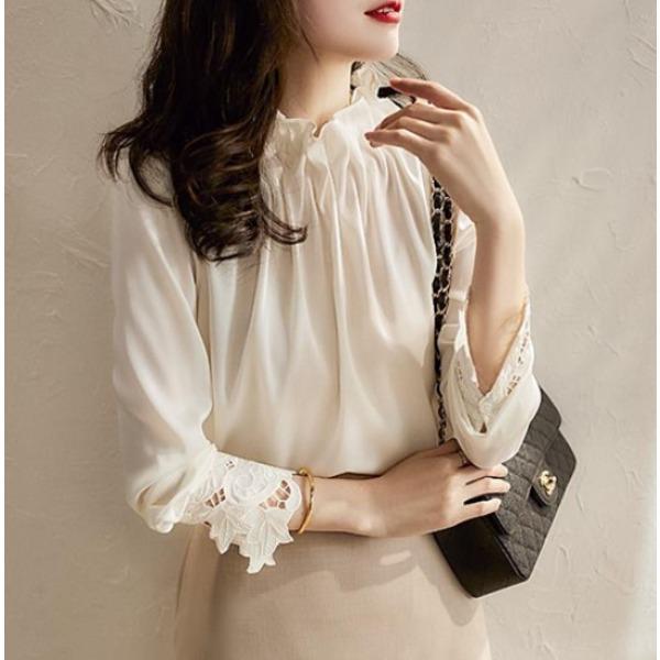 Spring Long Sleeve Shirt Elegant Style Elastic Ear Collar Loose French Shirt Top for Women