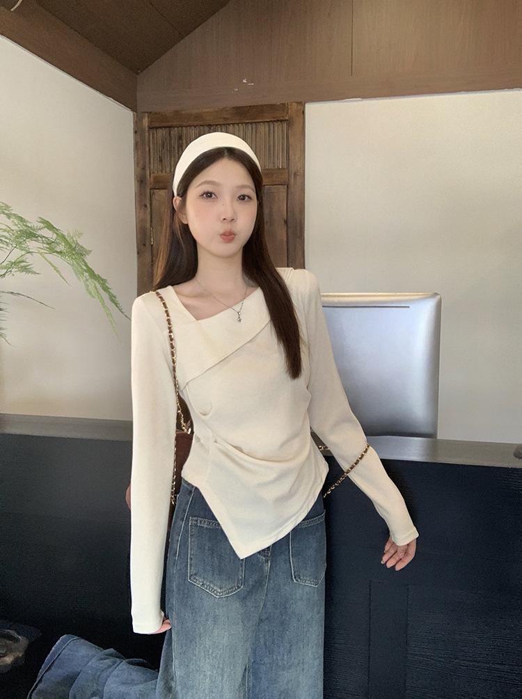 Plus Size Women s Fashion Slanted Neck Irregular Slimming Long Sleeve T-shirt 3XL
