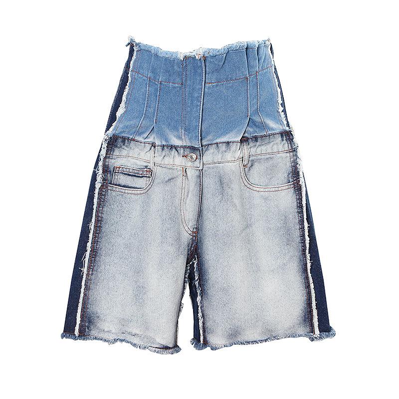 Spring 2026 Retro Color Block Wide-Leg Denim Shorts for Women S синий