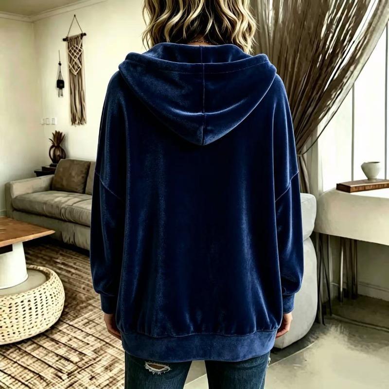 Women Solid Color Button Hooded Velvet Long Sleeve Casual Cardigan Coat
