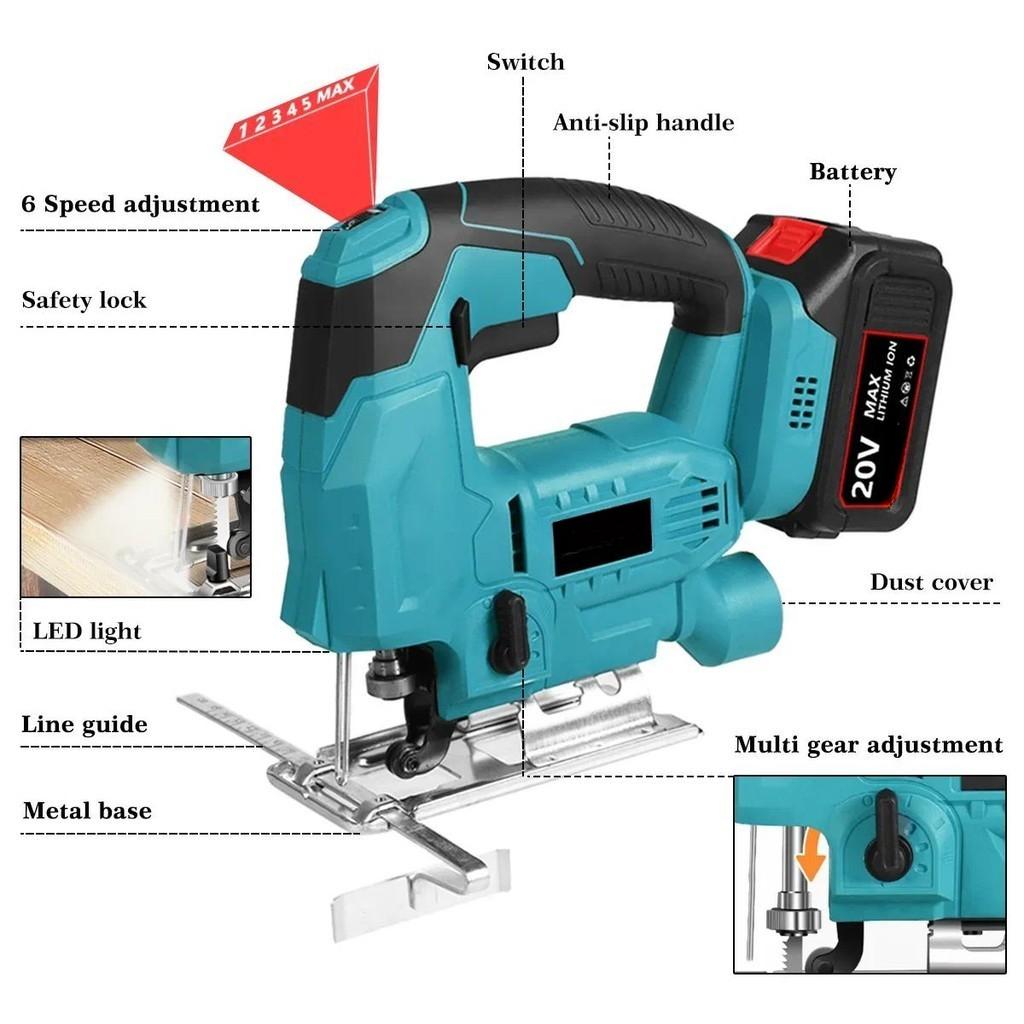 6 Gear Adjustment Cordless Electric Jigsaw Household Portable Curved Saw Multi-Function Woodworking Power Tool Blue