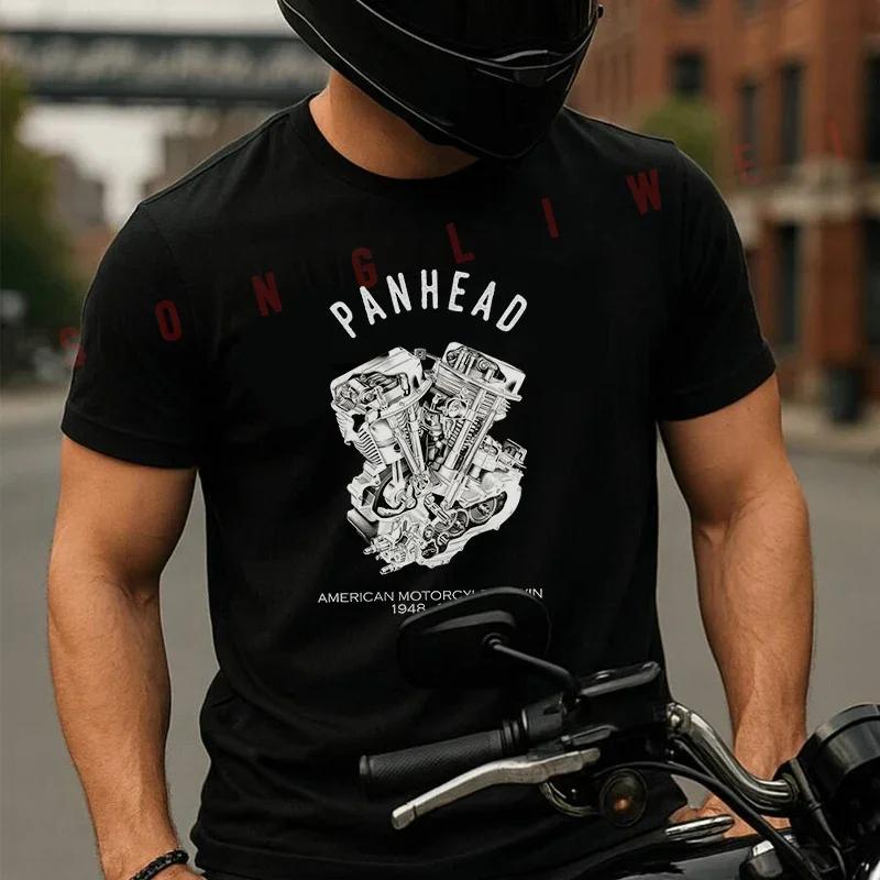 Vintage PanHead V-Twin Engine Cutaway Motorcycle Moto Men's Cotton T-shirt Summer Short Sleeved