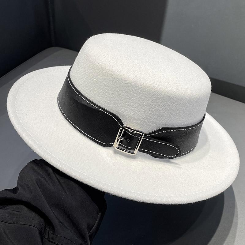 British Retro Flat-top Woolen Top Hat Women's Spring and Autumn Elegant Wide-brimmed White Jazz Hat Versatile Flat-brimmed Hat Men