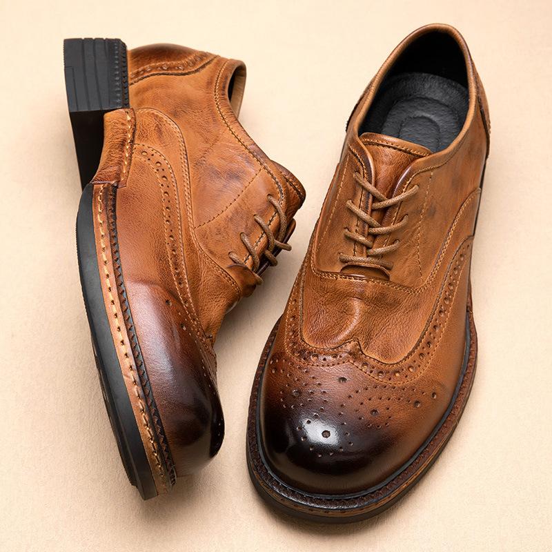 Vintage British Low-Top Leather Round Head Derby Men'S Shoes Platform Casual Pure Large First Layer Cowhide Tooling Leather Shoes Men