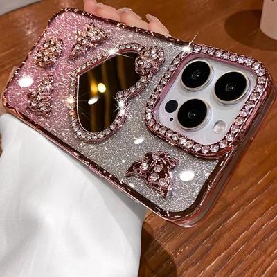 Gradient Glitter Butterfly Case for iPhone 17 16 15 14 13 12 11 Pro Max Love Heart Make-up Mirror Diamond Lens Shockproof Cover