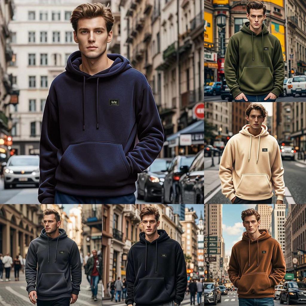 Felpa con cappuccio casual da uomo a tinta unita con stampa, maniche lunghe, pullover
