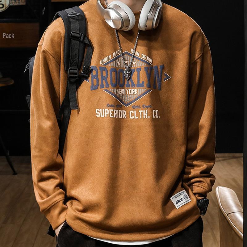 

Men s American Retro Suede Crew Neck Sweatshirt - Loose Fit, Long Sleeve, Trendy Spring/Autumn Top 5XL