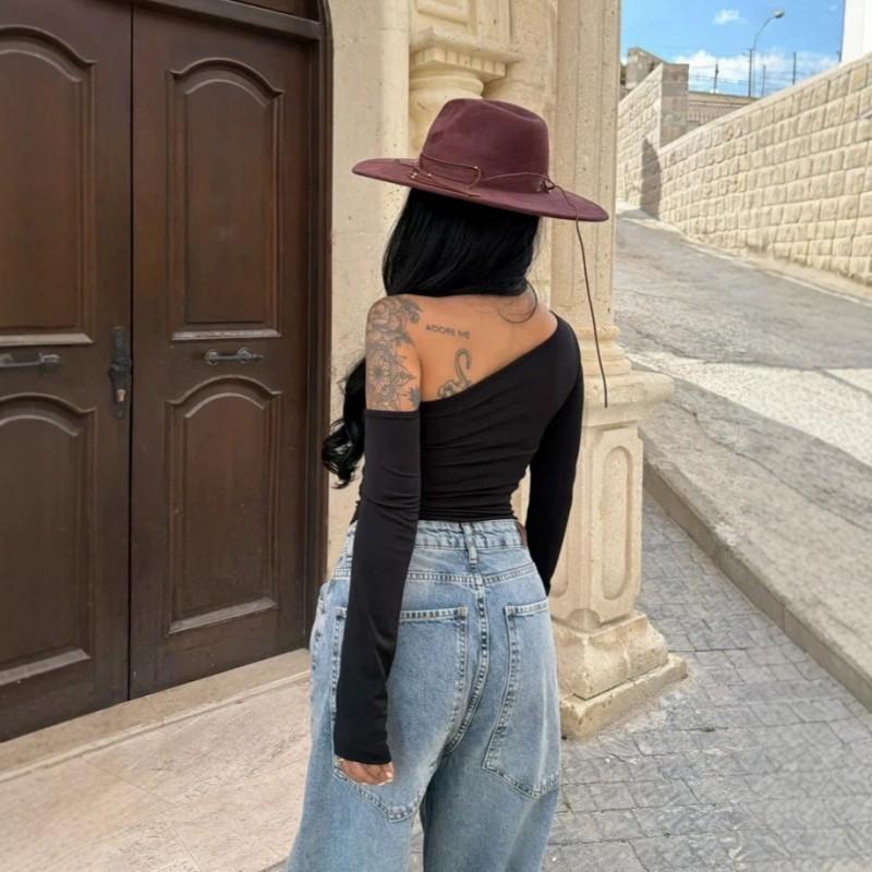 Sexy Irregular Off Shoulder Long Sleeve T-Shirt Women Slim Fit Street Style Top